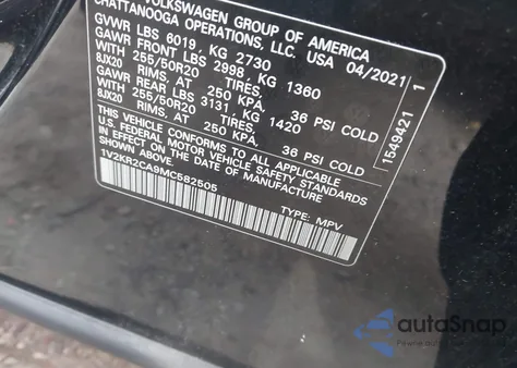 2021 Volkswagen Atlas 3.6L V6 Se W/Technology из США, поврежденный, VIN 1V2KR2CA9MC582505